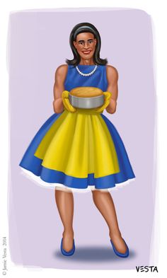 a woman in a blue and yellow dress holding a bowl