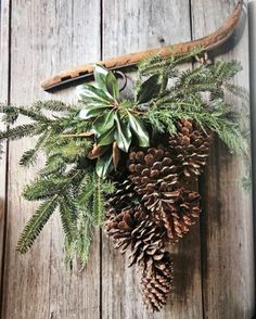 pine cones and evergreen needles hang from a wooden hook on an old planked wall