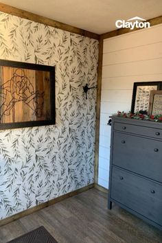 farmhouse floral print wallpaper with greenery and shiplap wall Farmhouse Office Wallpaper, Half Wallpaper Half Wood Wall, Farmhouse Living Room Wallpaper, Boho Farmhouse Wallpaper, Farmhouse Style Wallpaper, Accent Walls With Wallpaper, Modern Rustic Wallpaper, Rustic Wallpaper Accent Wall, Farmhouse Wallpaper Accent Wall