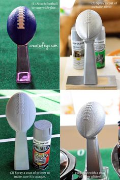 three pictures showing different ways to decorate footballs