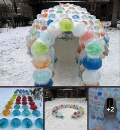 there are several pictures of different things made out of plastic bottles in the snow, including an ice house