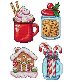 cross stitch pattern with christmas treats and cookies in mason jars, candy canes, peppermint, strawberry shortcake