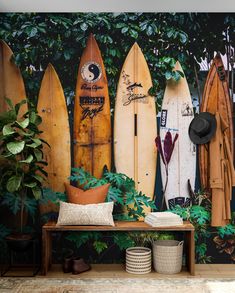 several surfboards are lined up against a wall in front of plants and potted plants