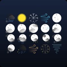 an image of the moon and stars in the night sky with different weather symbols on it