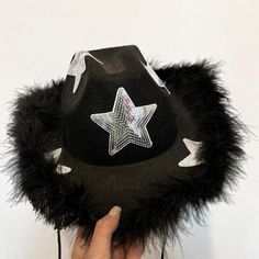 MADE TO ORDER - STARSTRUCK Black cowboy hat with silver stars and black fur trim (also available with gold stars) Perfect for space cowboy or festival  Please note they are handmade by me so there maybe slight flaws If you would like a custom hat in another design or colour please message me and I can see what I can make :) Space Cowgirl Costume, Black Cowboy Hat, Black Cowgirl, Space Cowgirl, Chapeau Cowboy, Cowgirl Costume, Cowboy Party, Cowgirl Hat, Halloween Fancy Dress