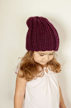 Keaton Hat Knitting Pattern Ribbed Slouchy Reversible Baby-Adult Sizes PDF Patons Classic Wool, Ribbed Hat, Chunky Hat, Kids Hat, Hat Knitting, Crochet Bebe, Hat Patterns, Baby Hats Knitting, Knitted Wit