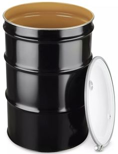 a black barrel with a white lid next to a brown container on a white background