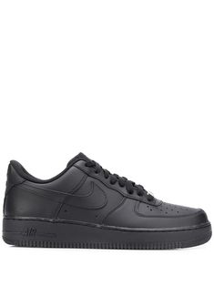 Black leather Air Force 1 '07 low-top sneakers from Nike featuring a signature Nike swoosh, a perforated style, a round toe, a lace fastening and a flat rubber sole. Air Force 1 Noir, Black Nike High Tops, Black Air Force 1, Air Force One Shoes, Nike High Tops, All Nike Shoes, Quince Ideas, Cute Nike Shoes, Nike Air Force 1 Low