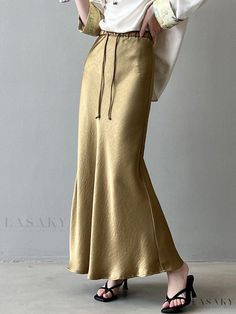 Lasaky - Simple and Elegant Draped Satin Midi Skirt with Drawstring Waist Fashionable Skirts, Skirts Fall, Silk Skirts, Skirt Styles, Satin Maxi Skirt, Over 60 Fashion, Elevate Your Outfit, Elegant Drapes, Satin Midi Skirt