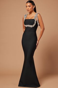 Masie Bandage Gown - Black Black Tie Attire, Embellished Maxi Dress, Black Tie Gala, Black Dress Formal, Guest Attire, Satin Gown, Black Gown, Gala Dresses, Glam Dresses