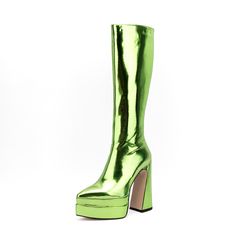 Shop Green Metallic Color Shine Pointed Toe Platform Block Heel Knee High Boots color Green for Anniversary, Big Day, Dancing Club, Music Festival, Night Club, Party, Red Carpet with worldwide Free shipping & Free return. Green Knee-high Party Boots, Green Knee-high Heeled Boots For Party, Green Platform Boots For Spring, Green Knee-high Heeled Boots For Spring, Green High Heel Platform Boots For Spring, Green Platform Boots With Round Toe For Party, Green Round Toe Platform Boots For Party, Green Boots For Fall Party, Green Platform Party Boots