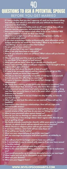 81 Questions to Ask a Potential Spouse Before You Get Married Questions To Ask Before Getting Into A Relationship, Relationship Psychology Questions, Questions Before Getting Married, Before You Get Married