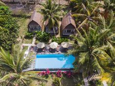 an aerial view of a pool surrounded by palm trees and thatched roofed huts with umbrellas