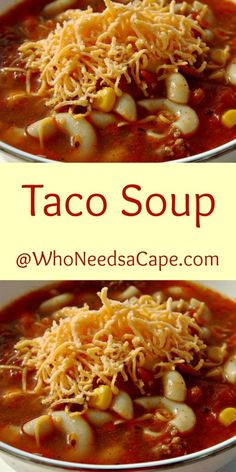 two bowls of taco soup with cheese on top