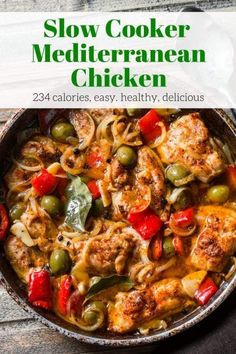 slow cooker mediterranean chicken with peppers, olives and onions in a skillet