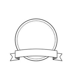 a black and white line drawing of a round label with a ribbon around the edge