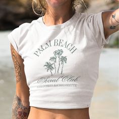 Retro Luxe Beach Bachelorette Logo Social Club Aesthetic Palm Trees Custom Bachelorette Party Shirts Fitted Crew Neck Tops For Beach Season, Fitted Tops For Summer Beach Party, Summer Crop Top With Short Sleeves For Vacation, Fitted Beachwear Tops For Vacation, Summer Vacation Crop Top With Short Sleeves, Short Sleeve Crop Top For Summer Vacation, Fitted Crew Neck Crop Top For Vacation, Tropical Fitted Top For Beach Party, Fitted Tropical Top For Beach Party