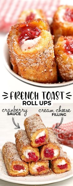 french toast roll ups with cream cheese filling and strawberry jam filling on the top are stacked on a white plate