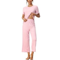 cheibear Women's Sleepwear Round Neck Soft Knit Short Sleeve Shirt with Pants Capri Pajamas Set Light Pink Medium Comfortable Solid Color Sleep Sets, Solid Short Sleeve Bedtime Sets, Comfortable Solid Color Sets For Pajama Party, Solid Color Sleepwear Long Pants For Loungewear, Solid Color Long Pants Sleepwear For Loungewear, Solid Color Bedtime Sets For Spring, Solid Color Spring Sleepwear For Relaxation, Comfortable Solid Short Sleeve Sets, Solid Color Crew Neck Sleepwear For Loungewear