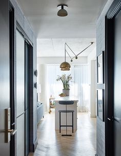 an open door leading to a kitchen and living room with a plant in the center