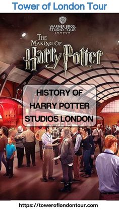 an advertisement for the harry potter studios london tour with people standing in front of it