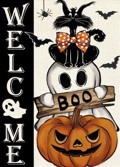 a welcome sign with a pumpkin and ghost on it's head in front of a black background