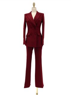 Burgundy Women Pant Suit - Double-Breasted Slim Fit Trouser Suit - Pantsuit - Guocali Luxury Burgundy Pants, Luxury Slim Fit Double Breasted Professional Suit, Luxury Professional Pantsuit In Suiting Fabric, Luxury Fitted Double-breasted Pantsuit, Chic Fitted Double Breasted Suit For Semi-formal Occasions, Fitted Solid Color Pantsuit For Office, Fitted Double-breasted Formal Pantsuit, Formal Fitted Double-breasted Pantsuit, Fitted Double-breasted Pantsuit For Formal Occasions