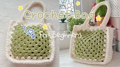 crochet bag for beginners in green and white