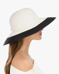 A versatile women's skimmer of our patented Squishee® packable straw with a contrast border which frames the face. Eric's desire to create a simple, striking sun hat that would take you from morning to sun down, resulted in this design. Whether you are strolling the beach or attending a pool-side brunch, you will look your best and have the security of protecting your skin. The Francoise rollable hat for sale online looks good on almost everyone and offers advanced sun protection, durability and