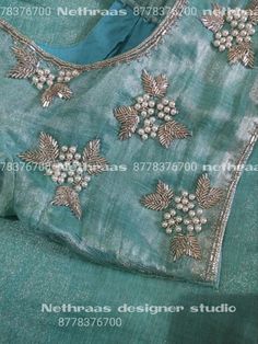 Silver Colour Beads Aari Work Blouse, Pearl Work Embroidery Blouses Bridal, Pearl Design On Blouse, Aari Work Full Blouse Designs, New Blouse Embroidery Designs, Pearls Blouse Work Designs, Silver Embroidery Work Blouse Designs, Maggam Work With Pearls, Simple Pearl Work Blouse Designs