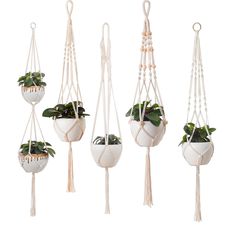 four macrame planters with plants in them and hanging from the ropes on each side