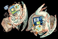 an image of two angels with computers on their heads