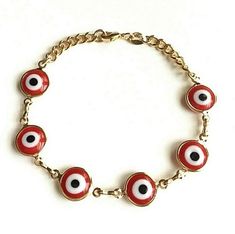 "18K GOLD FILLED 10mm 6 RED EVIL EYE ADULT BRACELET .FOR GOOD LUCK AND PROTECTION 7.25\" LONG PULSERA DE 10mm 6 ROJO OJO DE LA BUENA SUERTE EN 18K GOLD FILLED PARA ADULTO 7.25\"LARGO . PARA BUENA SUERTE Y PROTECCION." Evil Eye Bracelet Red, Red Evil Eye Bracelet For Good Luck, Red Bohemian Evil Eye Bracelet, Adjustable Red Evil Eye Bracelet, Adjustable Red Evil Eye Bracelet Hand-strung, Red Evil Eye, Good Luck Bracelet, For Good Luck, Protection Bracelet