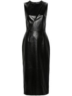 black lambskin concealed rear zip fastening round neck sleeveless cut-out detailing rear slit full lining straight hem mid-length Leather Pencil Dress, Brown Leather Dress, Leather Midi Dress, Pencil Silhouette, Midi Pencil Dress, Planet People, Ribbed Midi Dress, City Dress, Five Points