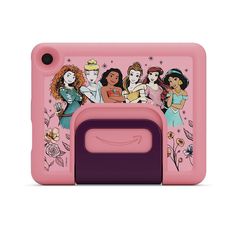 a pink tablet case with princesses on it