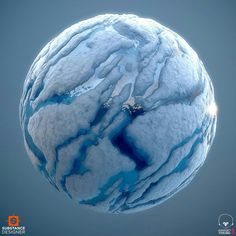 an image of a blue and white sphere with ice on the surface that looks like it is melting