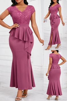 Captivate the room with Rosewe's Mermaid Dark Reddish Purple Maxi Bodycon Dress 💜. This dress features a mermaid silhouette, elegant split, and playful ruffles, perfect for any party or as a wedding guest. The V-neck and cap sleeves complete the sophisticated look, made from a comfortable blend of 95% polyester and 5% spandex. #Rosewe #MermaidElegance #DarkReddishPurple #MaxiBodycon #PartyDress #WeddingGuest #RuffleDetail #CapSleeve #VNeckGlam #Fashionista 🎈👗 Mermaid Dark, Lavender Quinceanera, Elegant Dresses Plus Size, Reddish Purple, Latest Dress For Women, Purple Mermaid, Dress Occasion, Purple Shorts