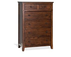 a wooden dresser with four drawers and two doors on the top shelf, in dark brown wood