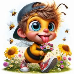 a cute little bee with flowers in his hand and some bees around him, making a funny face