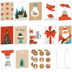 twelve christmas cards with santa claus, snowman and other holiday greetings on them