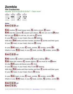 the zombie guitar chords are shown in red and green