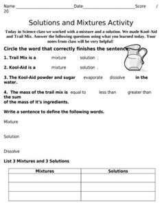 a worksheet with the words solution and mixtures activity