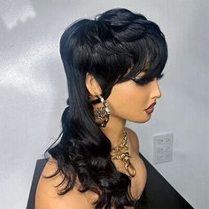 Fashion Wigs With Bangs Mullet Body Wave Glueless Human Hair For Women Party Wig | eBay Mullet Lace Front Wig, Black Women Mullet Hairstyles, Female Mullet Short, Bob With Bangs Hairstyles, Cuban Twist Hair, Mullet Wig, Full Lace Wig Glueless, Hair Colorful, Wig Shop