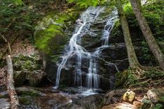 a small waterfall in the middle of a forest