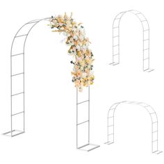 an arch with flowers on the top and bottom is shown in three different positions, including one