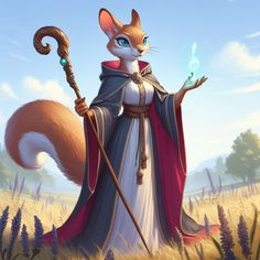 a cat dressed up as a wizard holding a wand and wearing a red cape, standing in the middle of a field