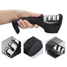 a hand holding a black and silver device with four different attachments on each side