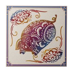 a decorative tile with an elephant on it's back and flowers in the background