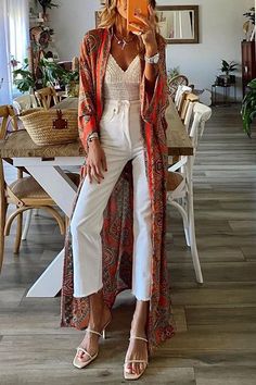 Ethnic Print Long Sleeve Kimono Cardigan Long Kimono Outfit, Cardigan Outfit Summer, Look Kimono, Dresses Casual Boho, Kimono Outfit, Mode Kimono, Mode Hippie, Long Sleeve Kimono, Boho Cardigan