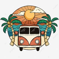 the van is parked on the beach with palm trees and sun in the background, illustration,